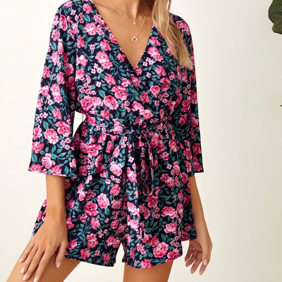 Surplice Neck Belted Floral Print Romper - Picture 4 of 8